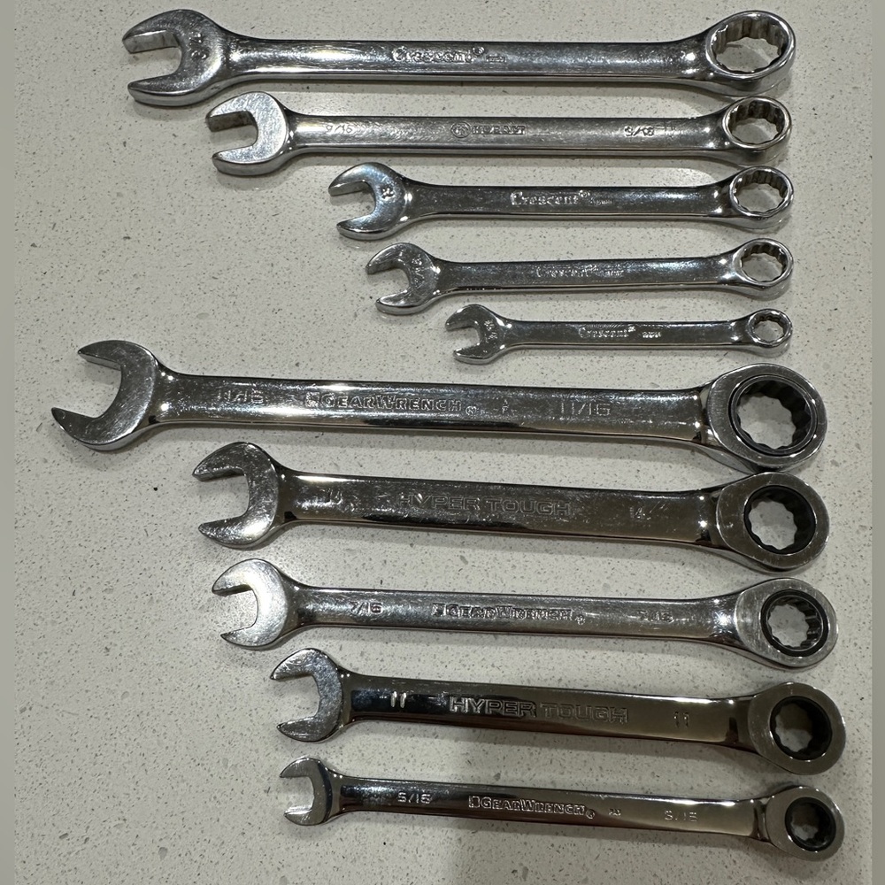 Misc gear and regular wrenches, metric and standard sizes